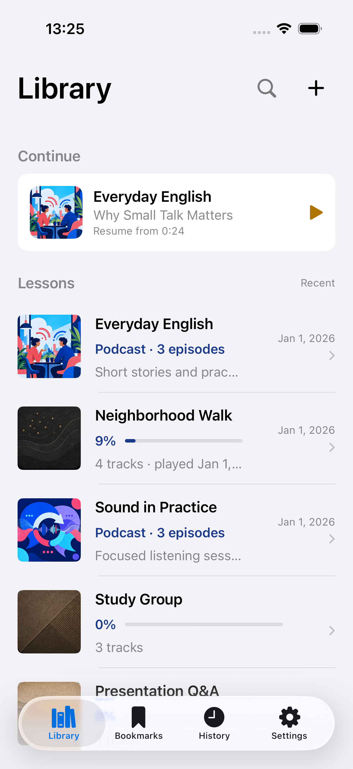 音源・Podcastライブラリを表示したRehearの画面