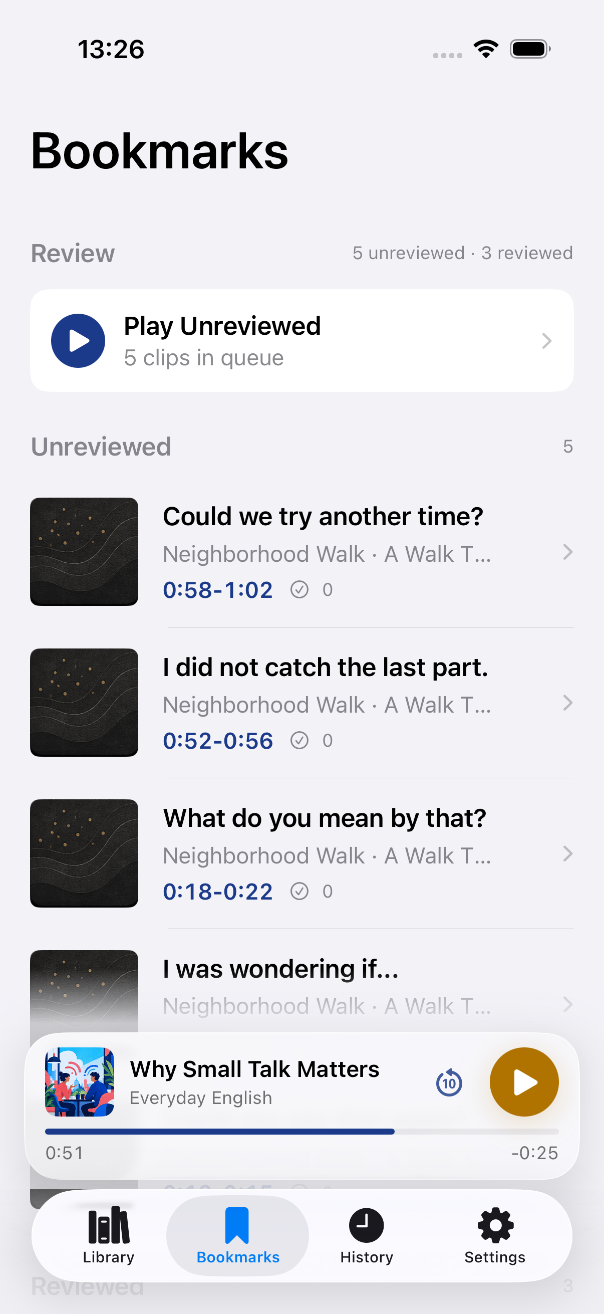 ブックマークと復習を表示したRehearの画面